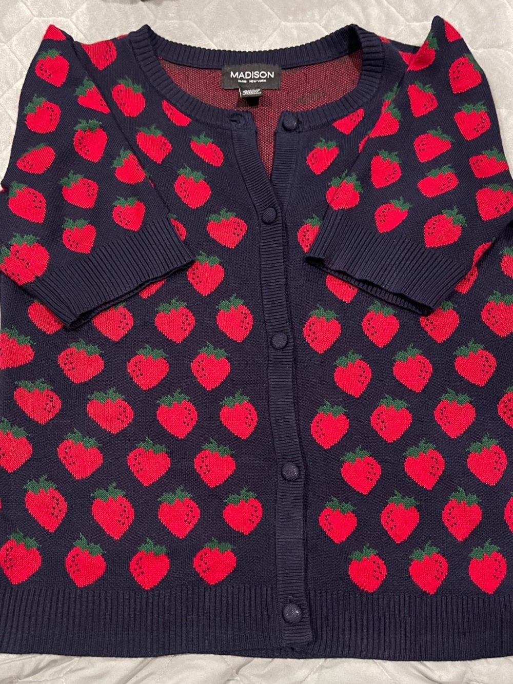 Madison Navy Cardigan with Red Strawberry Motif